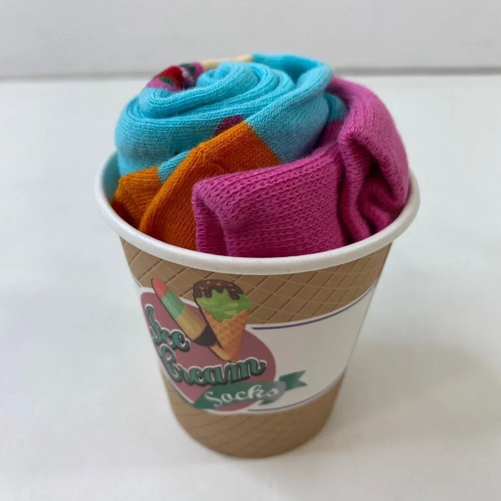 Ice Cream Themed Novelty Socks In Gift Cup Pink Blue Sherbet